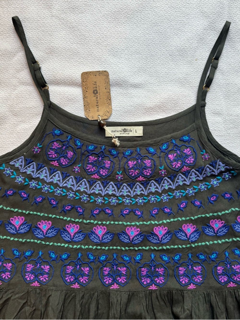 Natural Life Casual Dress with Blue and Purple Floral Embroidery